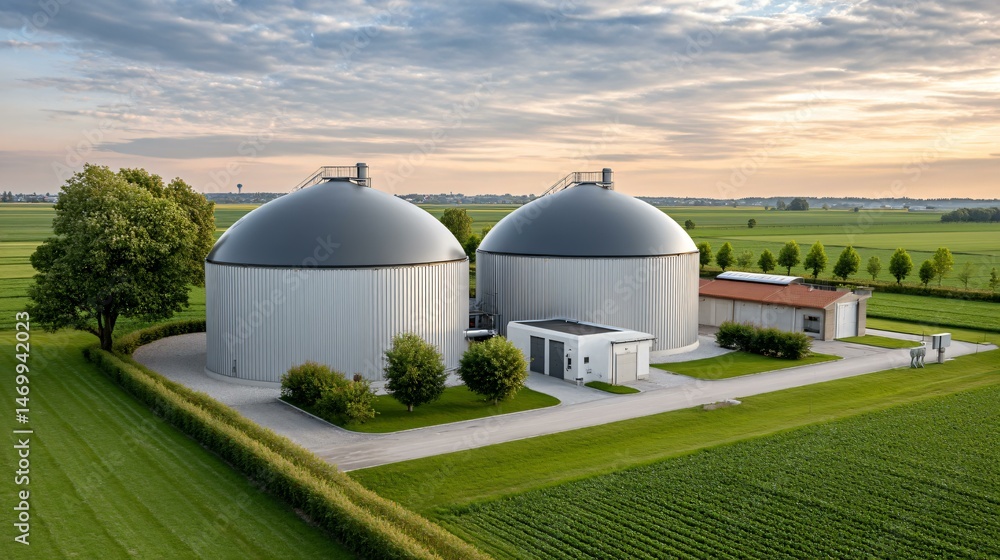 Obraz premium Aerial composition of a carbon-neutral biogas plant with transparent digester domes, automated hopper inlets, pressure relief valves, and surrounding crop rotation plots for sustainable soil