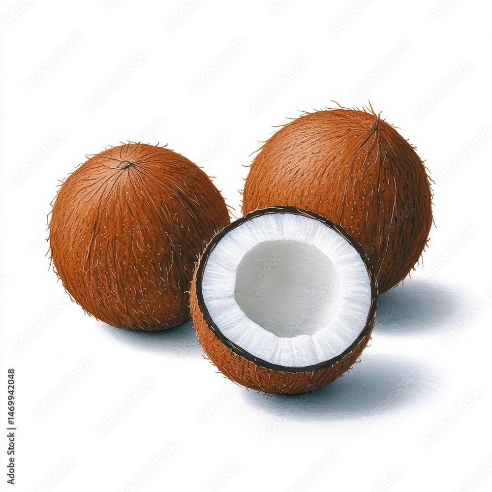 Brown Coconuts on White Background Closeup of Halved and Whole Brown Coconuts on White Background Closeup of Halved and Whole
