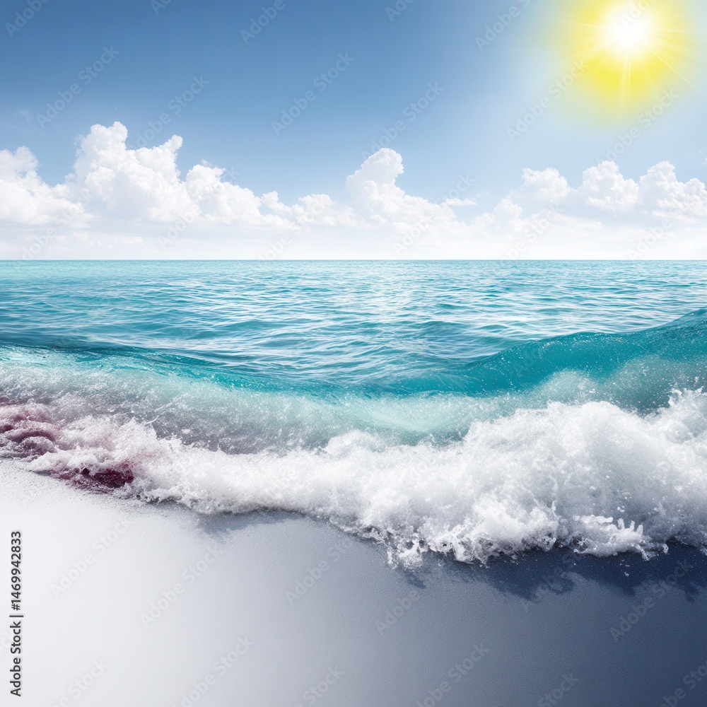 Fototapeta premium Ocean wave rolling onto sandy beach under clear blue sky during daytime with calm sea background.