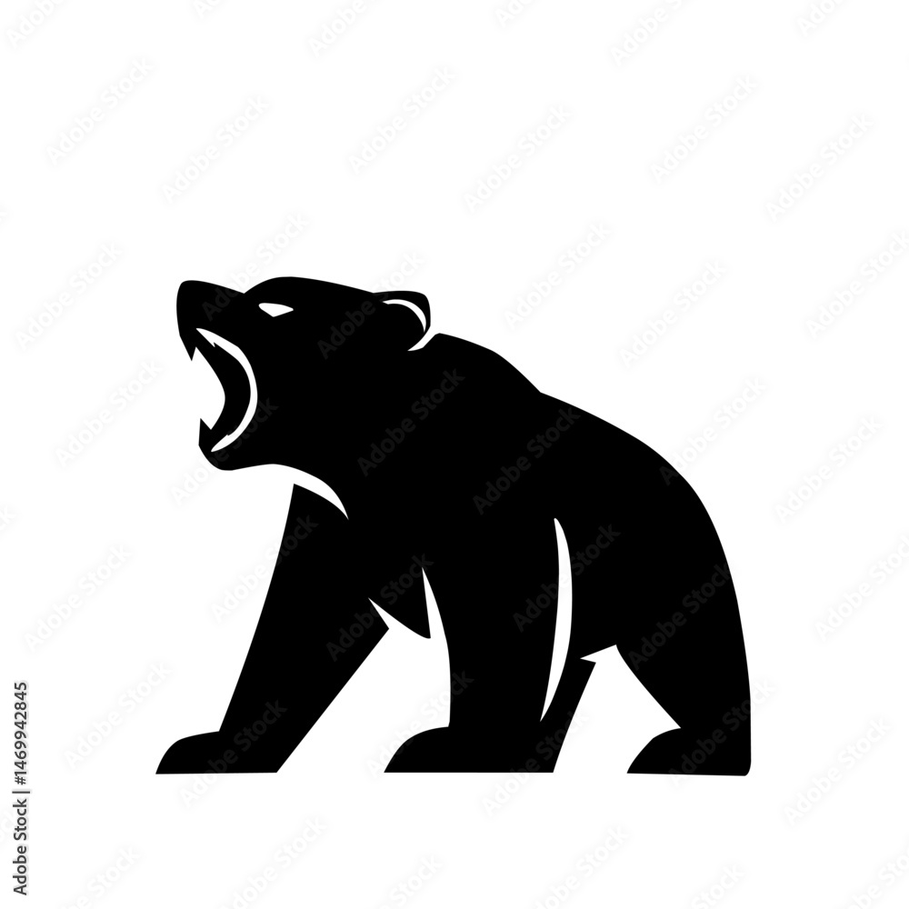 Fototapeta premium Roaring bear silhouette in bold black style, perfect for logo, emblem, mascot, or tattoo design. Strong wildlife vector isolated on white background