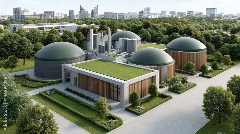 Top perspective of a next-gen sustainable biogas facility featuring dome digesters cloaked in green cover, digital SCADA monitoring towers, co-gen generator arrays, and pollinator-friendly hedgerows