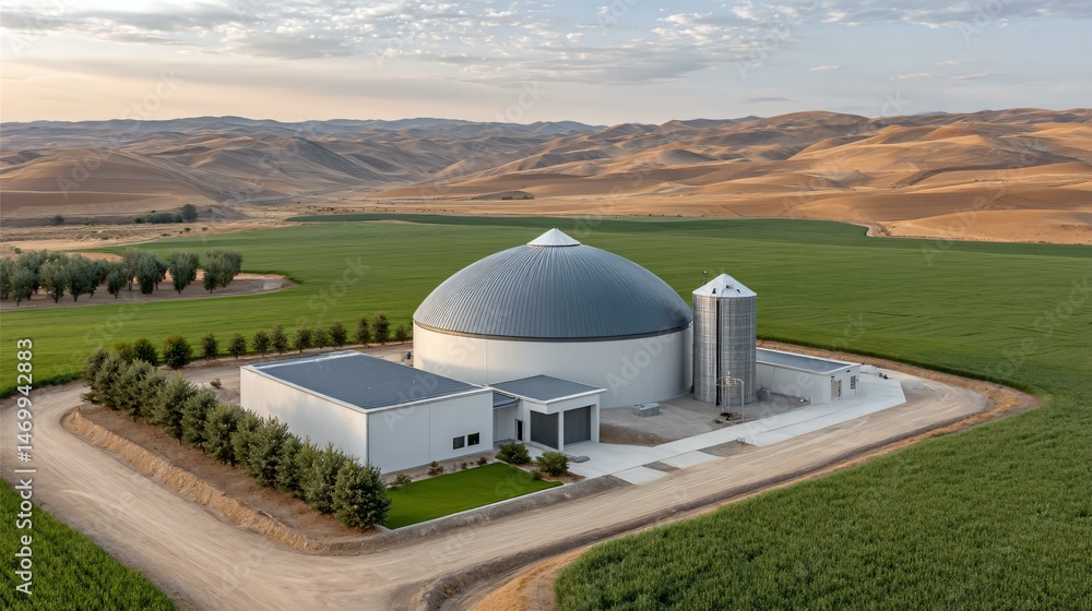 Top view of an off-grid biogas installation with transparent reactor covers, integrated wind turbines, solar PV arrays, and sustainable crop irrigation distribution from digestate effluent systems