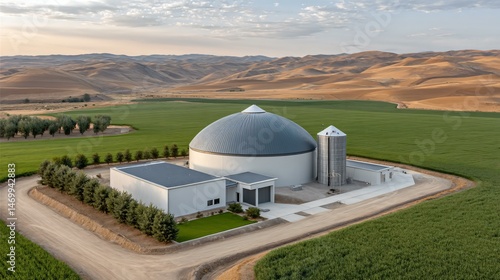 Obraz na płótnie Top view of an off-grid biogas installation with transparent reactor covers, integrated wind turbines, solar PV arrays, and sustainable crop irrigation distribution from digestate effluent systems w salonie