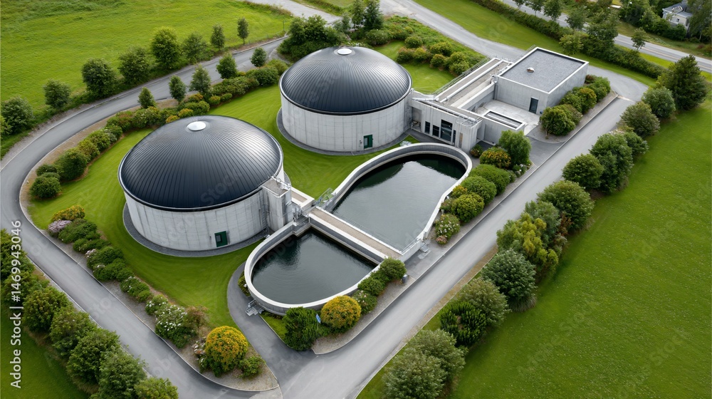 Top-down shot of a modern sustainable biogas facility with circular reactor domes, renewable energy microgrid connections, rainwater harvesting ponds, and surrounding wildflower pollinator strips