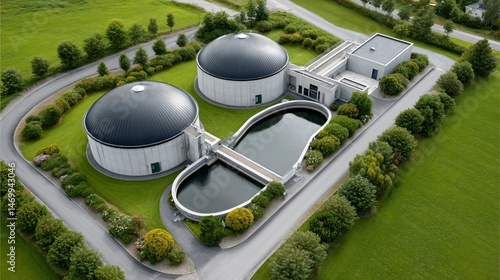 Obraz na płótnie Top-down shot of a modern sustainable biogas facility with circular reactor domes, renewable energy microgrid connections, rainwater harvesting ponds, and surrounding wildflower pollinator strips w salonie