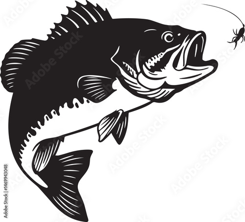 Silhouette Bass fish. vector illustration of a bass fish eating insects. 