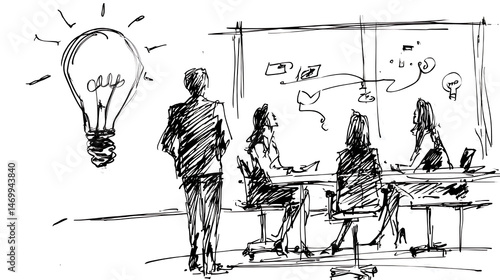 A drawing of a group of people in a room with a light bulb in the background
