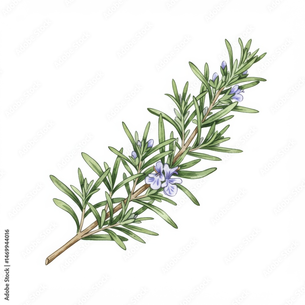 Fototapeta premium Detailed Rosemary Sprig Illustration with Purple Flowers