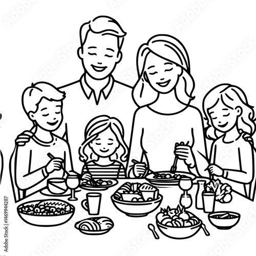 Family of parents and children enjoying dinner together at table with food, one line outline vector