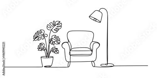 One continuous Line drawing of armchair and lamp and potted plant, Single Line Drawing of Armchair Plant and Floor Lamp, Armchairs with Floor Lamps and Potted Plants Line Art. vector silhouettes 