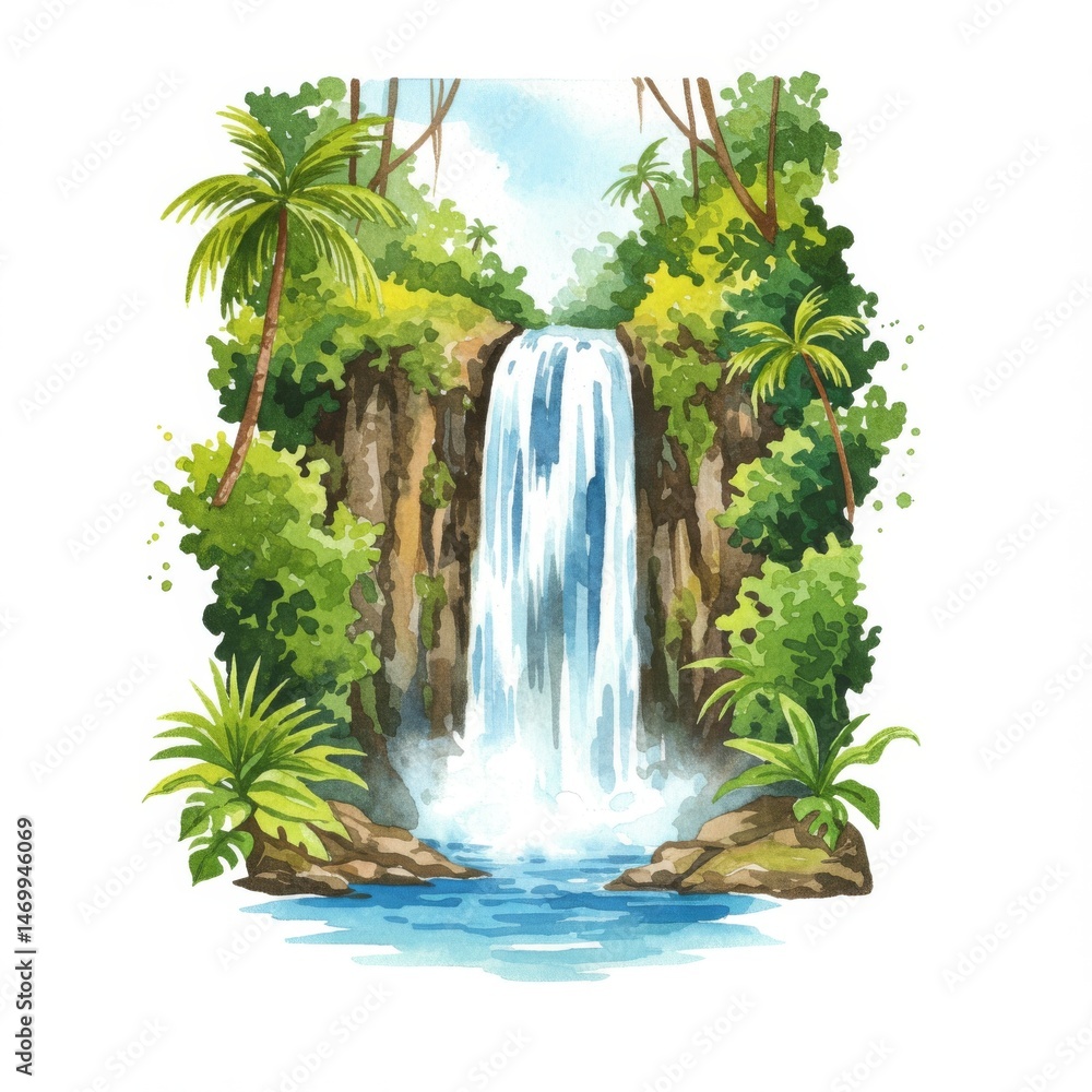 Naklejka premium Lush Tropical Waterfall Painting