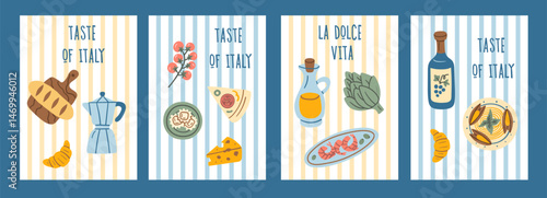 Colorful hand-drawn doodle cards featuring iconic Italian cuisine: pasta, wine, olive oil, pizza, cheese, seafood, coffee maker, and fresh ingredients on striped backgrounds.