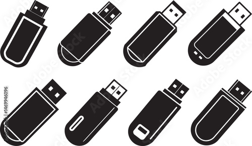 set of usb flash drive silhouette, black and white silhouette, vector and illustration