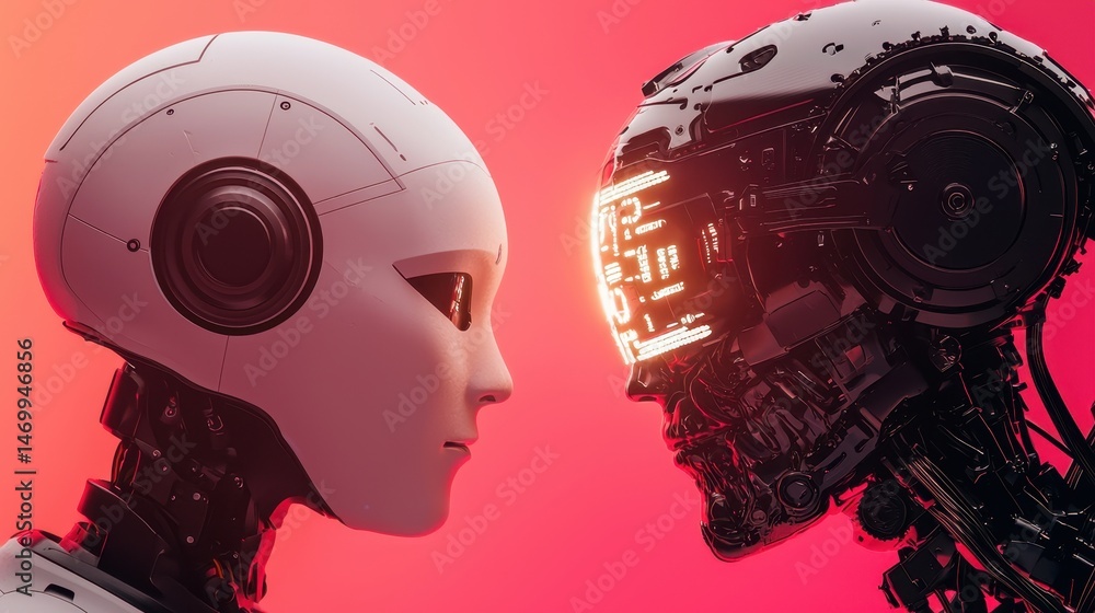 Two futuristic robots face each other against a vibrant pink background, symbolizing advanced technology and artificial intelligence. Two futuristic robots face each other against a vibrant pink background, symbolizing advanced technology and artificial intelligence.