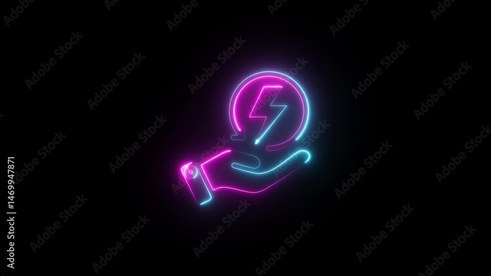 Animation of glowing neon hand holding charging icon . Animation of glowing neon hand holding charging icon .
