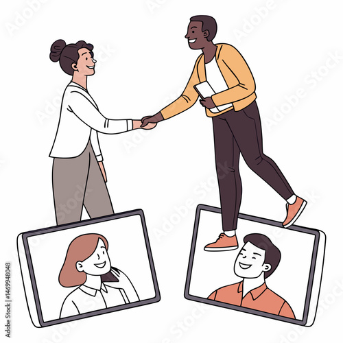 Business colleagues shaking hands during video conference call with team members
