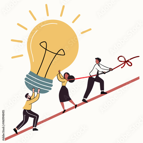 Team of people collaboratively pursuing an idea or concept with a lightbulb