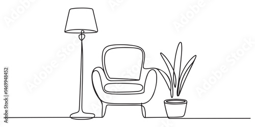 One continuous Line drawing of armchair and lamp and potted plant, Single Line Drawing of Armchair Plant and Floor Lamp, Armchairs with Floor Lamps and Potted Plants Line Art. vector silhouettes 