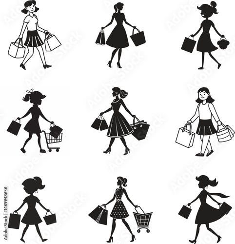 Stylish Woman Shopping Silhouettes – Fashion & Retail Vector Collection