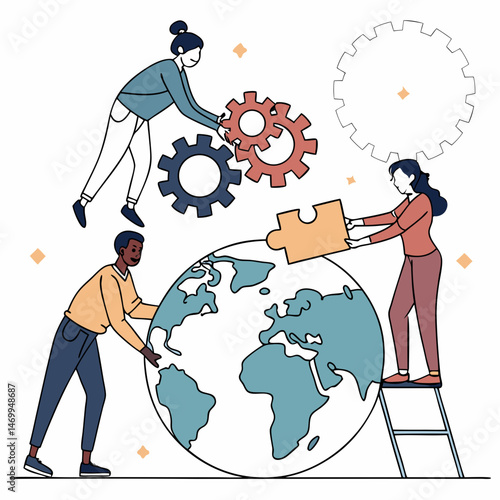 Teamwork and collaboration connecting global concepts with modern illustration