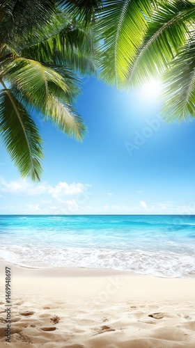 Wallpaper Mural Sunny beach scene with palm trees and clear blue ocean under a bright daytime sky. Torontodigital.ca