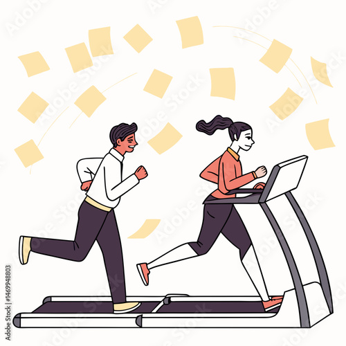 Business professionals multitasking while exercising on treadmills in a modern workspace