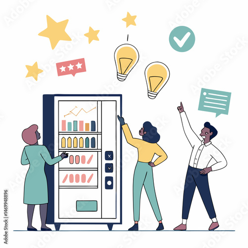 People interacting with a vending machine and sharing ideas in a modern flat illustration