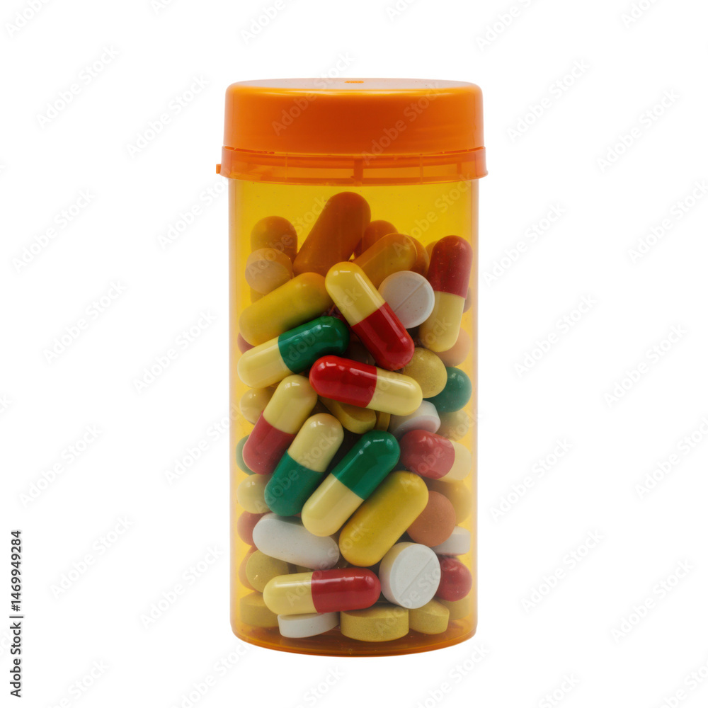 Pill bottle isolated on transparent background filled with capsules and tablets, for medical designs, health, and pharmaceutical use cases. Pill bottle isolated on transparent background filled with capsules and tablets, for medical designs, health, and pharmaceutical use cases.