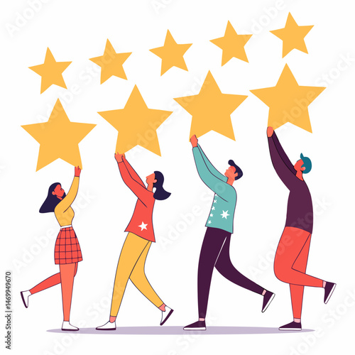 Team achieving success people holding stars illustration on white background