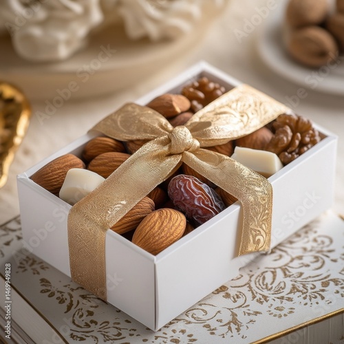 Elegant gift box with assorted nuts and chocolates for festive celebrations
