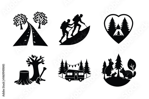 RV Camper Van with Forest and Mountains Silhouette