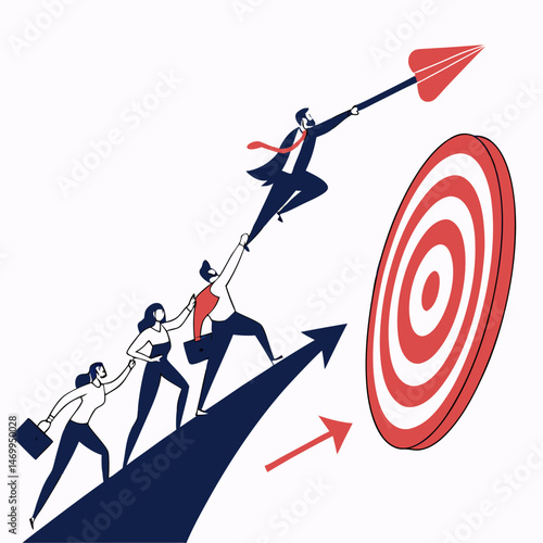 Achieving business goals teamwork concept with arrow reaching the target symbol