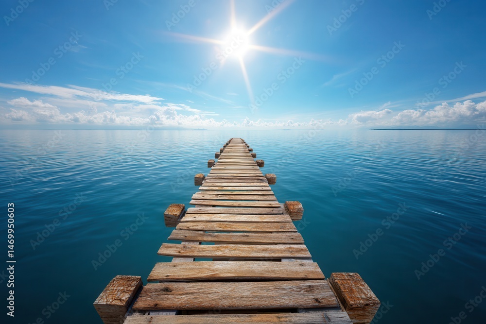 Obraz premium Weathered wooden pier stretching into calm ocean waters under bright sunlight at daytime.
