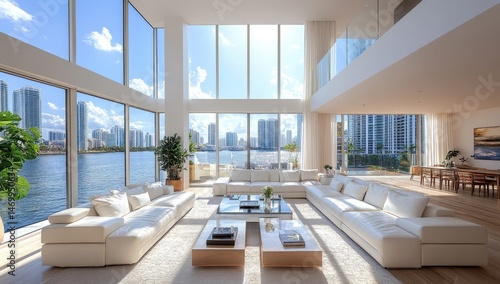 Luxurious open-plan living space with panoramic city and water views.  Modern, minimalist design with large windows, bright white interiors, and comfortable seating areas