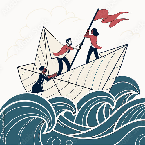 Teamwork and perseverance depicted with a paper boat sailing through rough seas