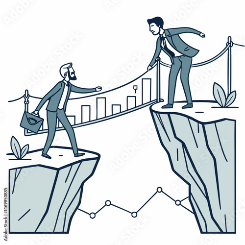 Businessmen collaborating to overcome obstacles and achieve goals successfully together