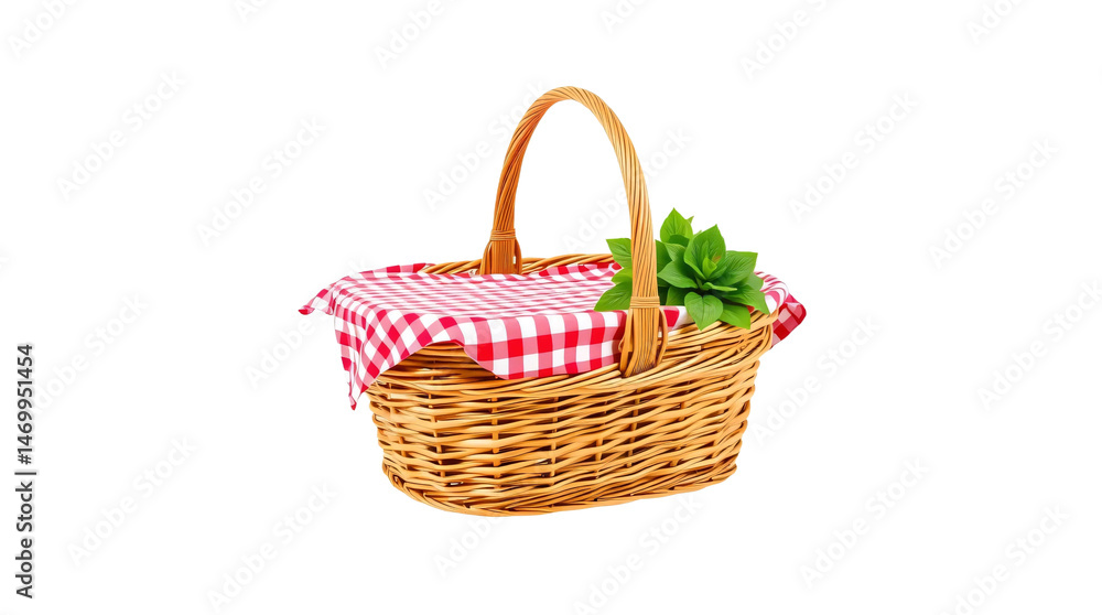 Picnic basket with red gingham tablecloth isolated on transparent background Picnic basket with red gingham tablecloth isolated on transparent background