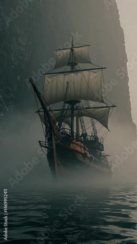 Sailing ship gliding through misty canyon with dramatic light and shadows

