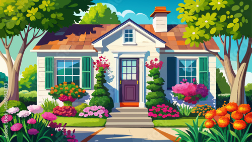 Charming White Home Exterior Adorned With Vibrant Flowers In Window Boxes And Garden, Creating A Welcoming And Colorful Curb Appeal.