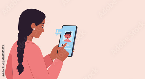 Woman interacting with smartphone displaying friendly AI assistant  