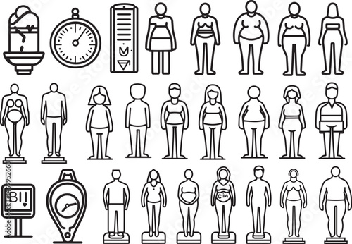 People body different weights line icon set. Vector pictograms of figure, scale, overweight, underweight, pregnant, BMI, health, thin linear illustration.