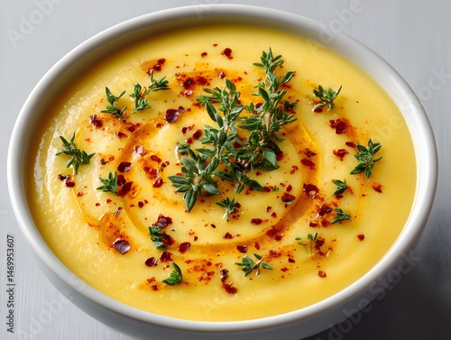 Creamy yellow vegetable soup garnished with fresh thyme and chili flakes in a white bowl on a light gray background.