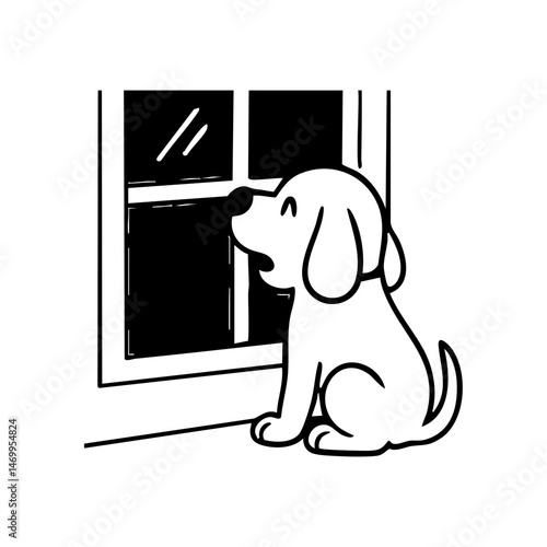 A thoughtful dog with paws on the windowsill, watching raindrops, cozy posture and peaceful vibe, simple black and white.