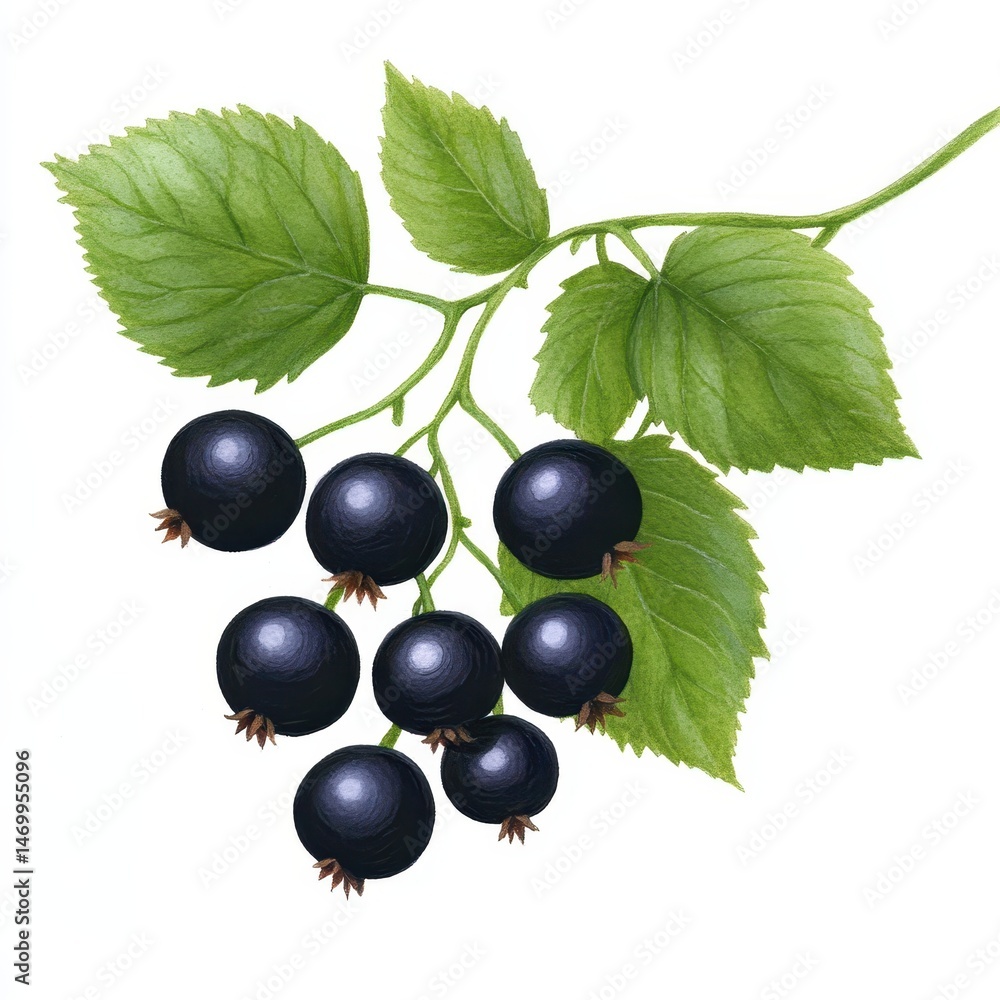 Close up Illustration of Ripe Blackcurrants on Branch with Green Close up Illustration of Ripe Blackcurrants on Branch with Green
