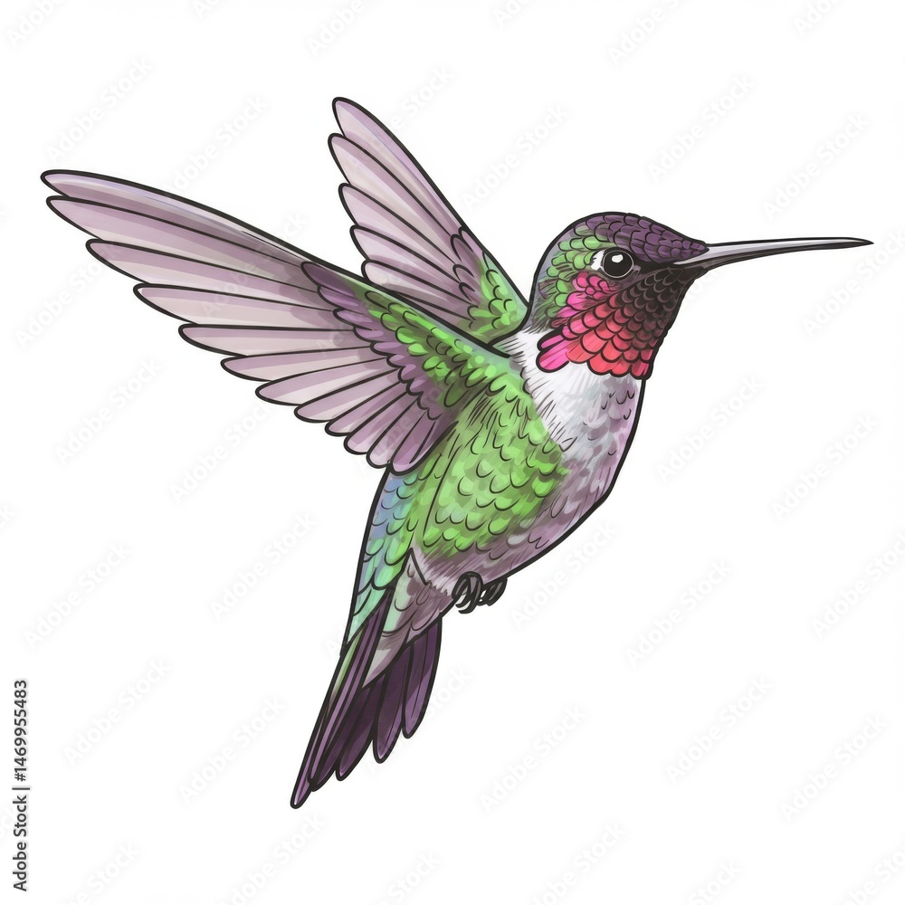Obraz premium Green And Purple Hummingbird In Flight White Background