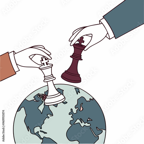 Global chess strategy depicted with earth and chess pieces vector illustration