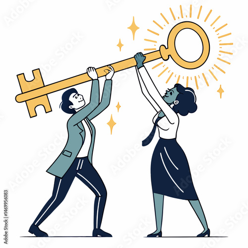 Two people holding a golden key illustrating success and achievement concept
