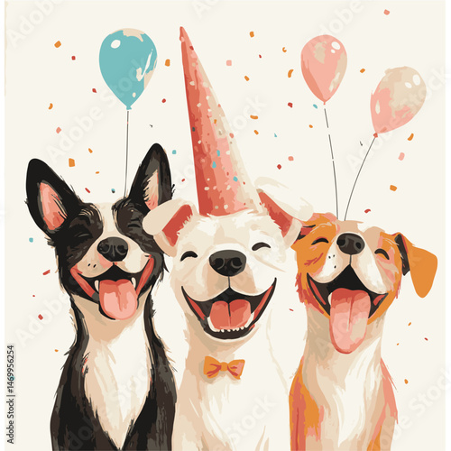 Three Happy Dogs Celebrating A Birthday Party With Balloons And Confetti Wearing Party Hats And Bowties