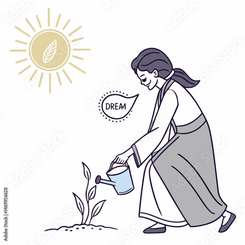 A dreamer nurturing a seed of hope with a watering can under the sun