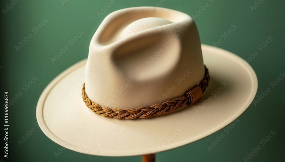 A hat with a brown band is on a stand. The hat is white and has a brown band